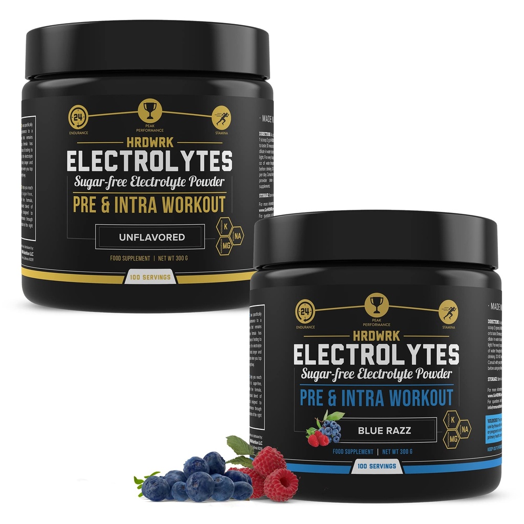 MMA Nutrition HRDWRK 100 Servings Keto Elektrolüüdid Pulberhüdraat Suhkruvaba - elektrolüütide pulber vastupidavuse suurendamiseks ja väsimuse vähendamiseks elektrolüütide täiendusega - maitsestamata ja must vaarikakomplekt