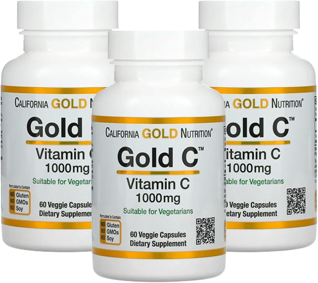 Gold C California Gold Nutrition - USP Hinne C-vitamiin Supplement - Immune Support & Seasonal Wellness - Taimetoit Sõbralik - Gluteenivaba, mitte-GMO - 1000 mg - 60 Veggie kapslid, 3 Pack
