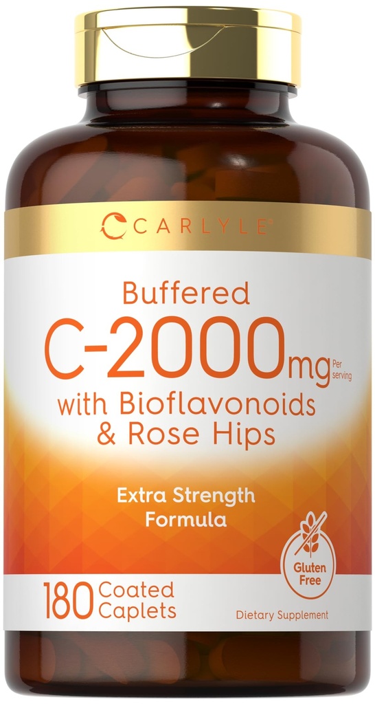 Carlyle puhverdatud C-vitamiin | 2000mg | 180 Caplets | bioflavonoidide ja Rose HIPS | Taimetoitlane, mitte-GMO ja gluteenivaba toidulisand