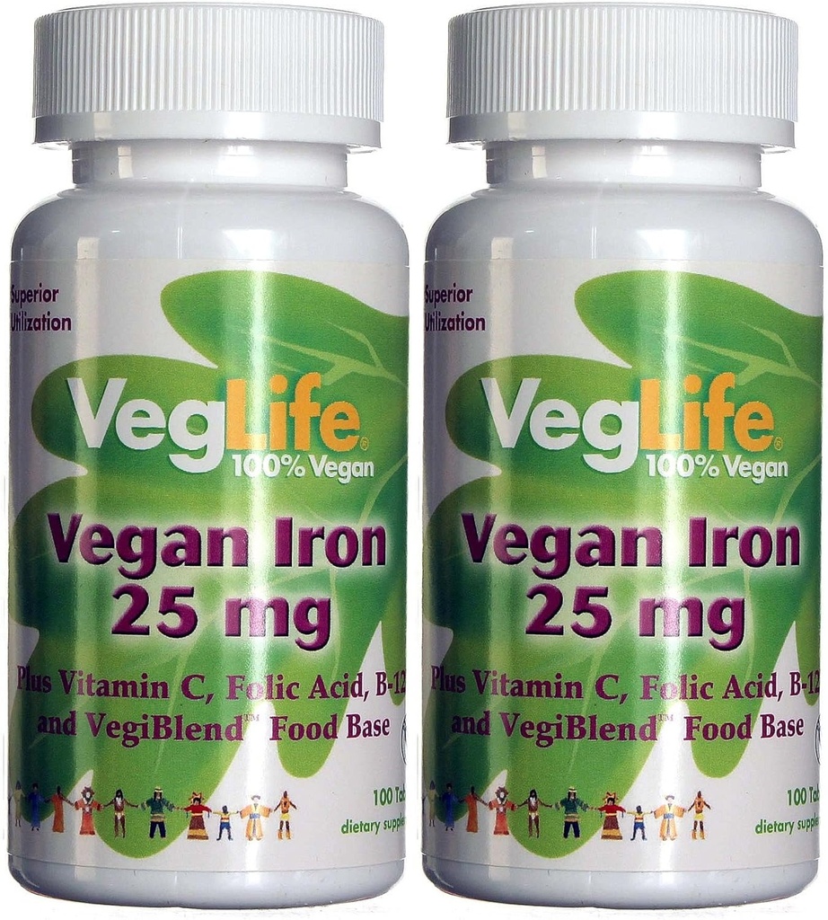 VegLife Vegan Raud 25 mg | Plus C-vitamiin, foolhape, B-12 ja VegiBlend Food Base | Taimne raualisand naistele ja meestele | 100 tabletti | Pakend 2
