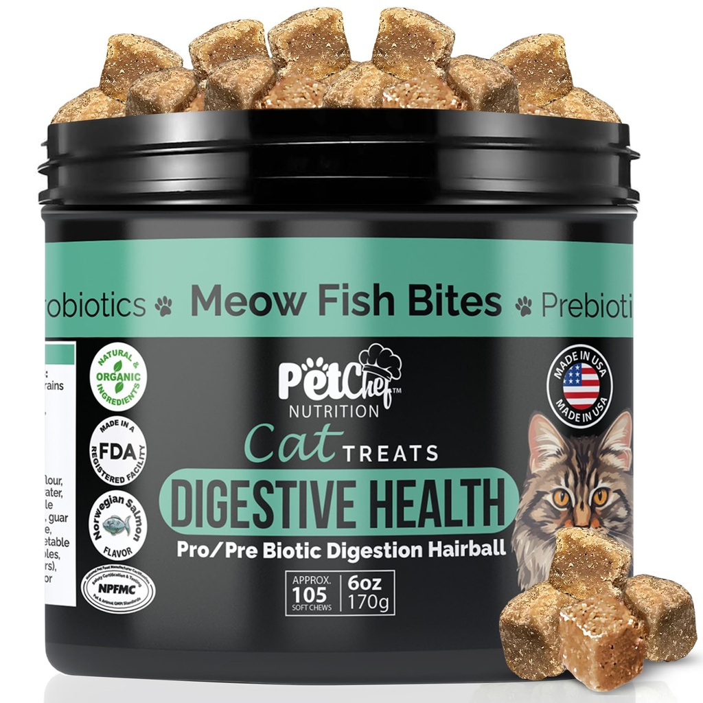 Pet Chef Probiotic Treats for Cats Digestive & Gut Health Support for Indoor Cats, Coat Softening Blend, Helps Reduce Diarrhea - Suitable for All Breeds