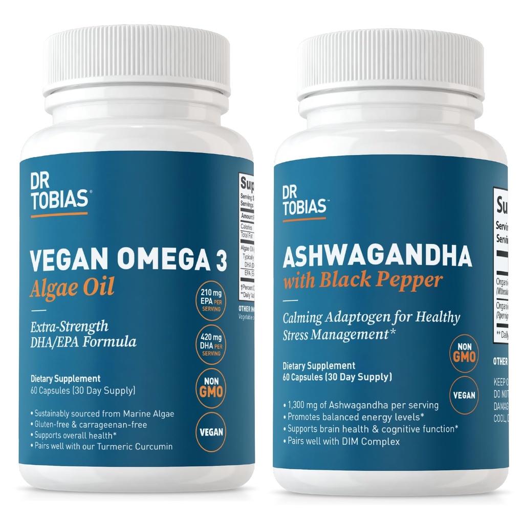 Dr Tobias Vegan Omega 3 vetikaõli ja ashwagandha kapslid, toetavad vastupidavust, immuunsüsteemi tervist ja üldist heaolu, GMO-d mitte, vegan