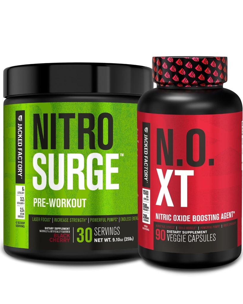 Jacked Factory Nitrosurge Preworkout Black Cherry & N.O. XT lämmastikoksiidi Booster meestele ja naistele
