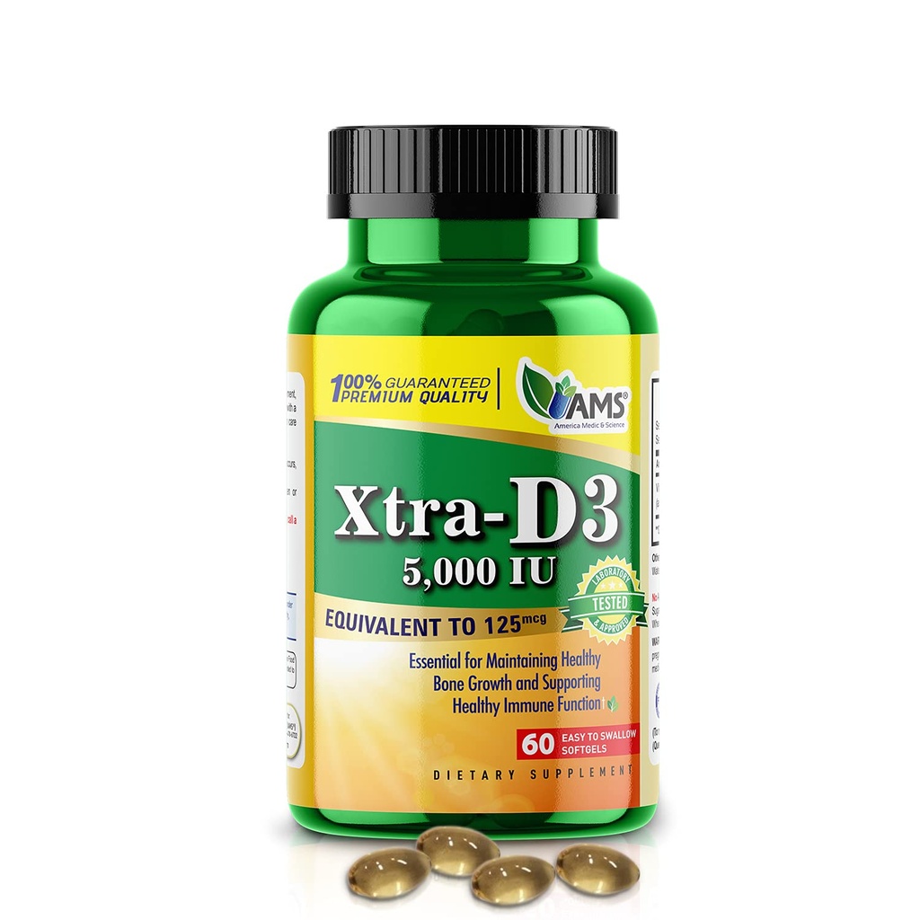 Ameerika Medic & Science Xtra D3 Vitamiin D 5000 RÜ (125 mcg) Kolekaltsiferooli täiendus meestele ja naistele (60 kerge neelata Softgels) Parim luu, südame tervise, immuunsüsteemi tugi, kopsu funktsioon