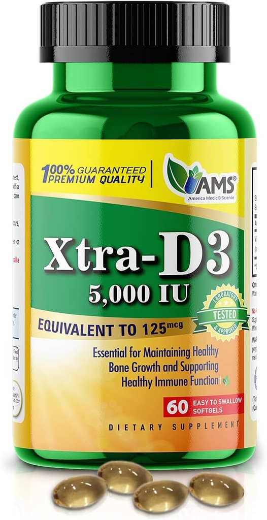 Ameerika Medic & Science Xtra D3 Vitamiin D 5000 RÜ (125 mcg) Kolekaltsiferooli täiendus meestele ja naistele (60 kerge neelata Softgels) Parim luu, südame tervise, immuunsüsteemi tugi, kopsu funktsioon