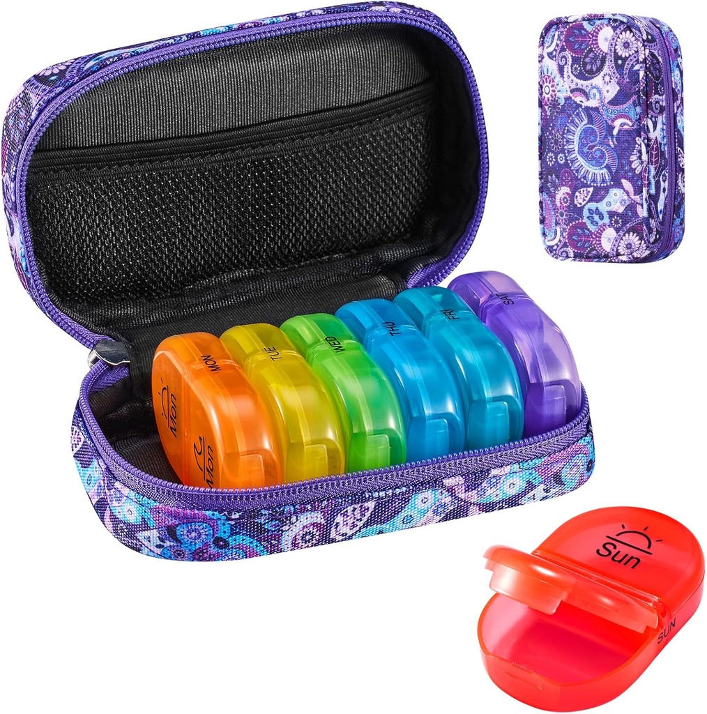 Serfeymi Weekly Travel Pill Korraldaja 2 korda päevas PM Täiustatud Vikerkaar Pill Box 7 päeva kaasaskantav Zipper Canvas Pill Case, Meditsiini Korraldaja Pillid, Vitamiinid, Kalaõlid - Purple 01