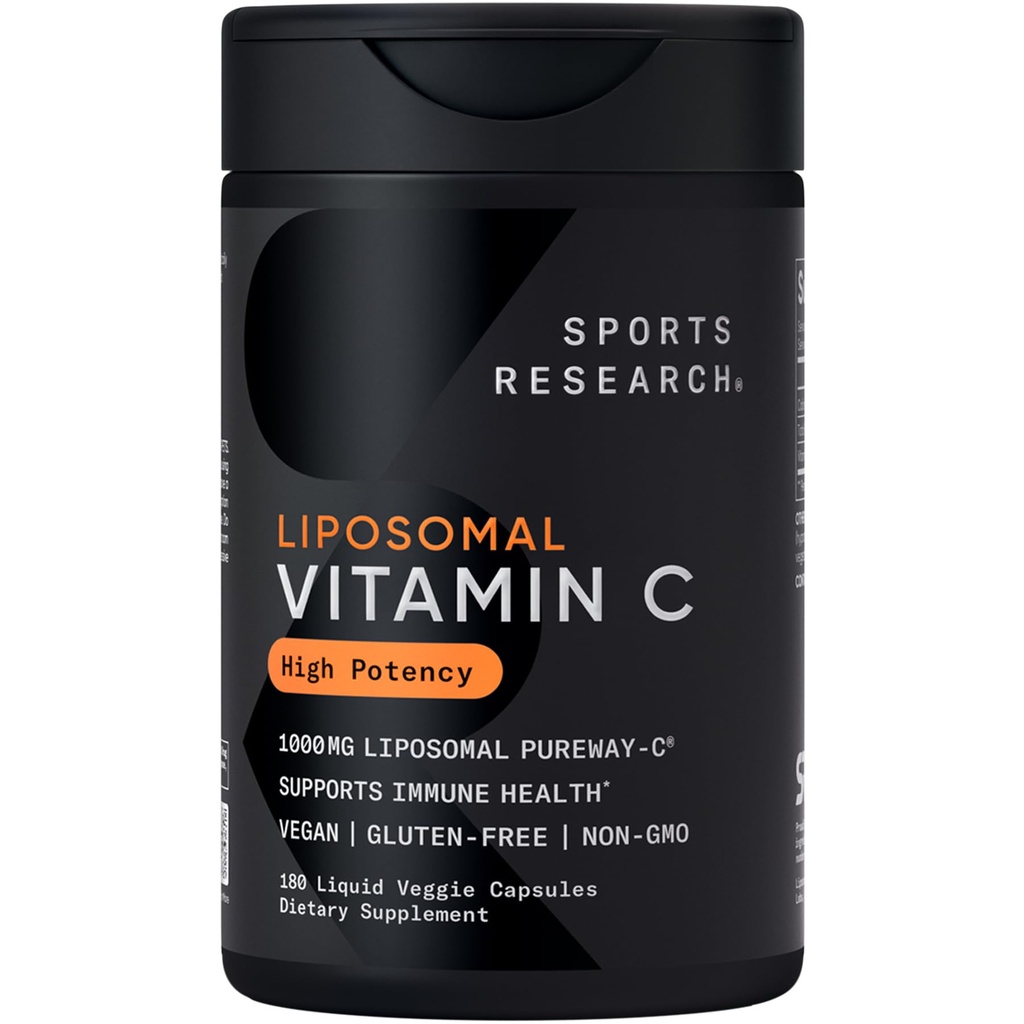 Sport Research® kõrge tugevusega liposoomne C-vitamiini lisand 1000 mg – sertifitseeritud vegan, mitte-GMO, gluteenivaba | antioksüdandid ja immuunsuse tugi | askorbiinhape C-vitamiin | 180 Vedelad köögiviljakapslid