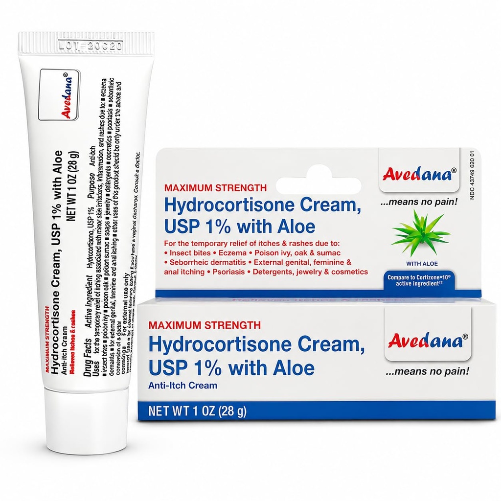Hydrocortisone Cream - 1 Ounce Eczema Cream koos Aloe Vera - Premium Anti Itch Cream ekstra tugevdus - Ideaalne lööve, sügelus, putukahammustused, dermatiit, detergendid, ehted