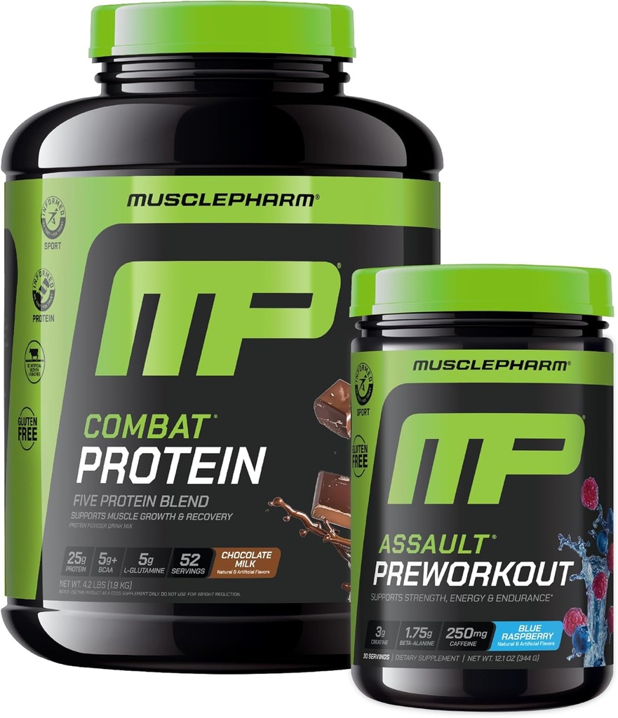 Muscle Pharm Combat 4lb Chocolate Protein and MusclePharm Assault Blue Vaarika Pre-Workout
