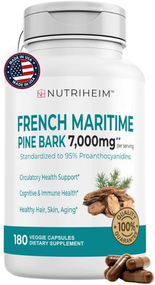 Prantsuse meremännikoore ekstrakt 7000mg koos 95% proantotsüanidiinidega vereringe, südame tervise, naha, kognitiivse toe jaoks - 20: 1 suhe ja 180 Veggie kapslit - mitte-GMO, gluteenivaba, vegan-sõbralik