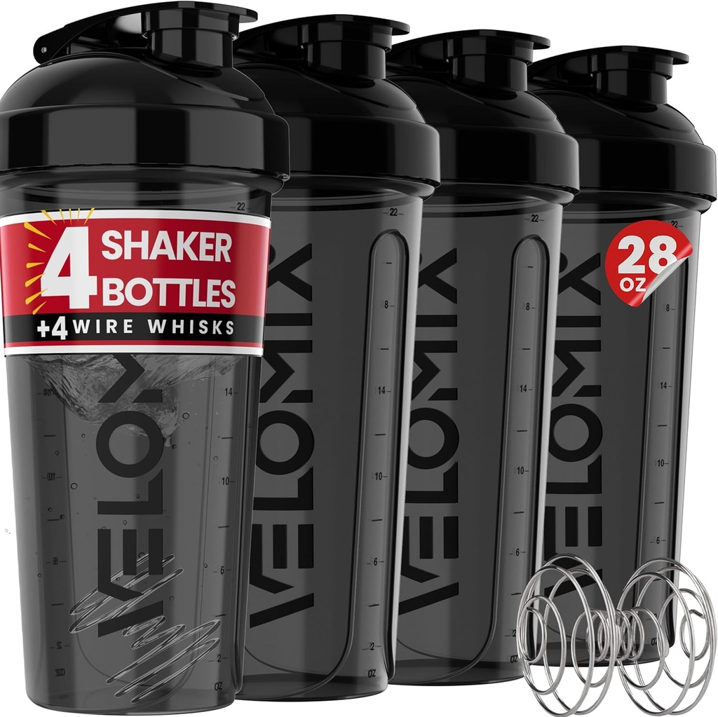 VELOMIX - 4 PAKK- 28 oz Valguraputaja pudel valgusegude jaoks - 4x traadivihusti | Lekkimiskindlad vahutamiskarikad valgulaastudeks | Valguraputaja pudelipakk | Valguraputuskarp (kõik mustas)