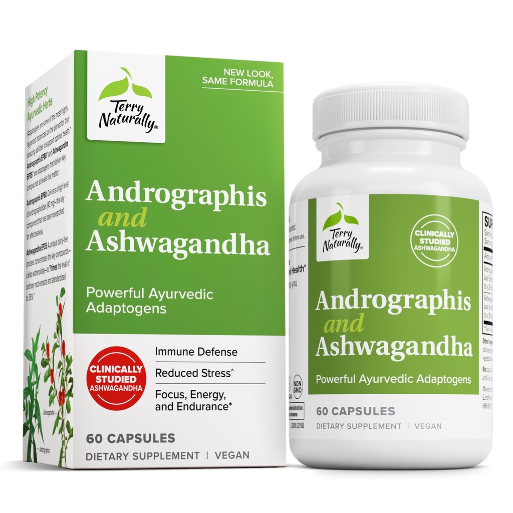 Terry Naturally Andrographis ja Ashwagandha - Immuunsüsteemi tugisammas - energia ja tervisliku stressireaktsiooni toetamine - energiatoetuslisa - 60 kapslit (60 serveerimist)