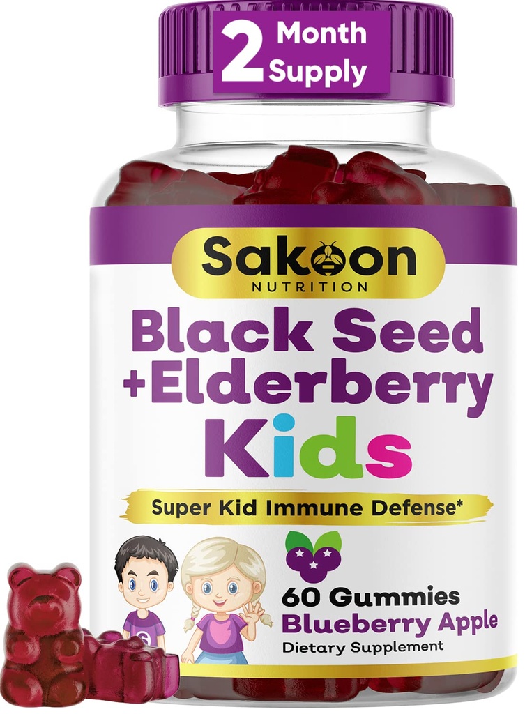 Sakoon toitumine Elderberry & Black Seed Oil Gummies lastele, Immune Support, C-vitamiini ja tsink, maitsev marjamaitse, 60 Gummies