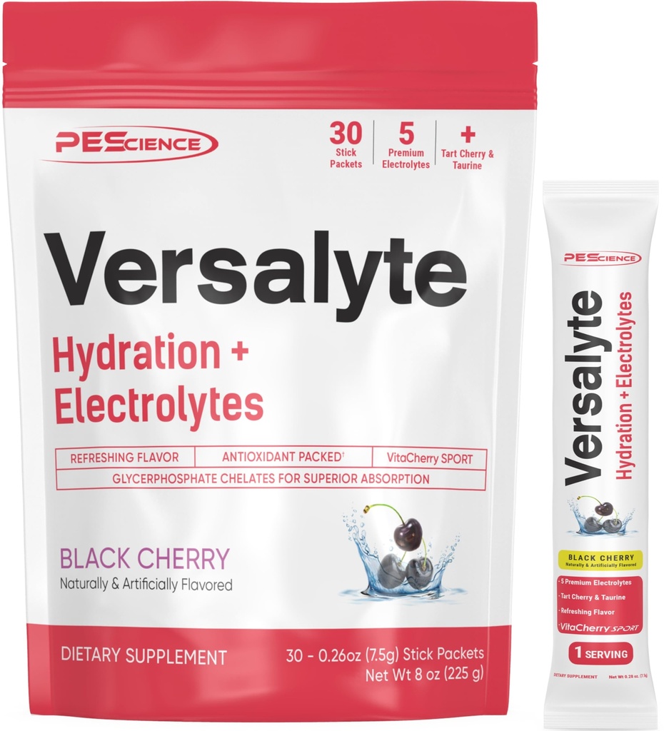 PEScience Versalyte Electrolyte Hydration Packets, Sugar Free Electrolyte Pulder Magneesium, Tauriin, Antioksüdandid, Trace Minerals - Black Cherry, 30 Servings