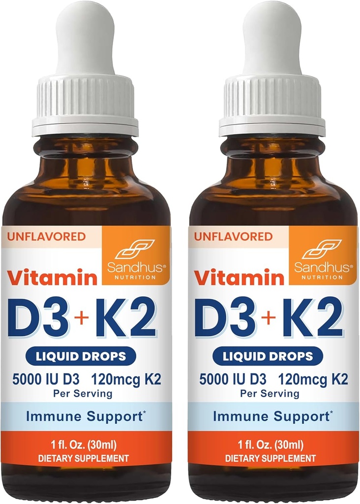 Sandhu vitamiin D3 K2 tilgad täiskasvanutele | 5000 IU D3 vedelik, 120mcg K2 täiendus 1 Fl Oz (pakk 2) | D3K2 toetab paremat imendumist, energiat, immuunsust, lihaste tervist meestele ja naistele