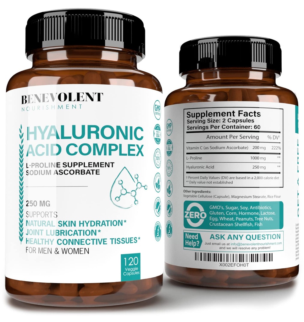 Hüaluroonhappe täiendused 250mg koos 200mg C-vitamiiniga, 1000mg L-proliini ja vananemisvastased eelised, hüaluroonhappe kapslid nooruslikule nahale, liigesed ja sidekoe tervis - 120 kapslit