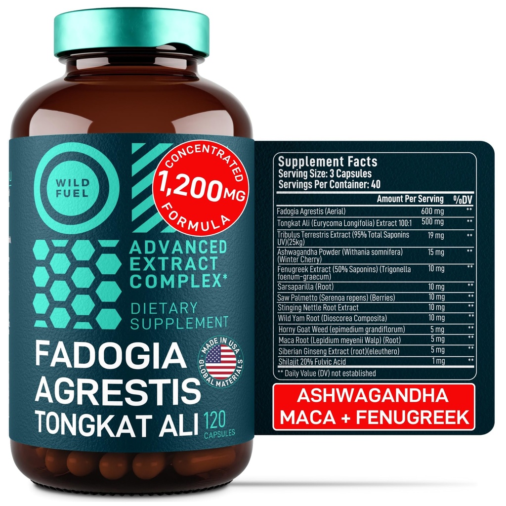 Fadogia Agrestis ja Tongkat Ali täiendus - 600mg Fadogia Agrestis meestele, 500mg Longjack Tongkat Ali, Ashwagandha Maca lambaläätse kompleks - lihaste tugevus, energia, meeleolu tugi - 120 kapslit