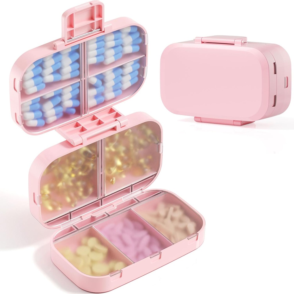 MEACOLIA Triple-Folding Pill Organizer, 9 Komplektid Suure mahutavusega reisipillid, Daily Pill Box Väikesed pillid Konteiner Vitamiin, tursamaksaõli, Lisandid (Pink)