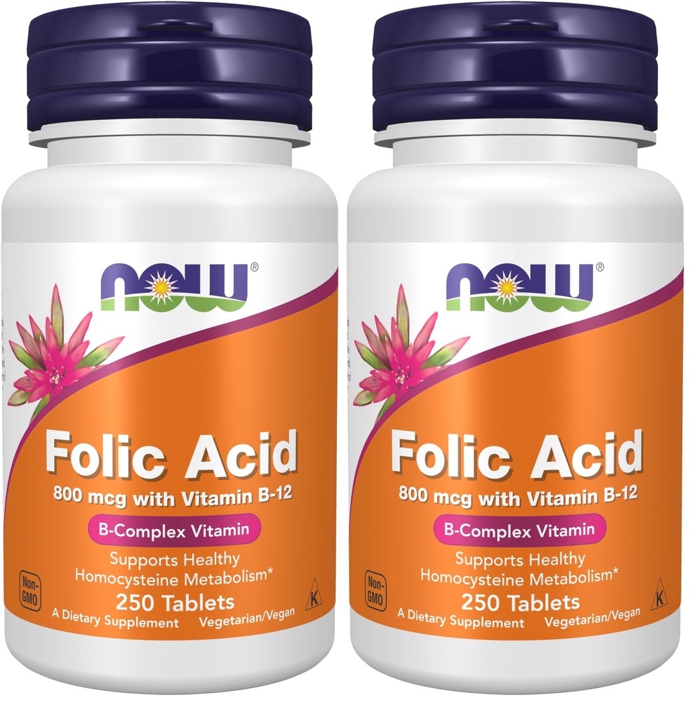 NOW Toidulisandid, foolhape 800 mcg + B-12 (tsüanokobalamiin) 25 mcg, B kompleksvitamiin, 250 tabletti (pakk 2)
