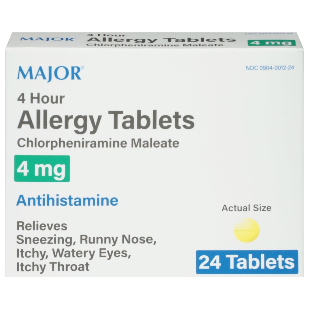 MAJOR 4 Hour Allergia tabletid - Kloorfeniramiin Maleaat 4mg - Antihistamiin - 24 Count (1 Pack)
