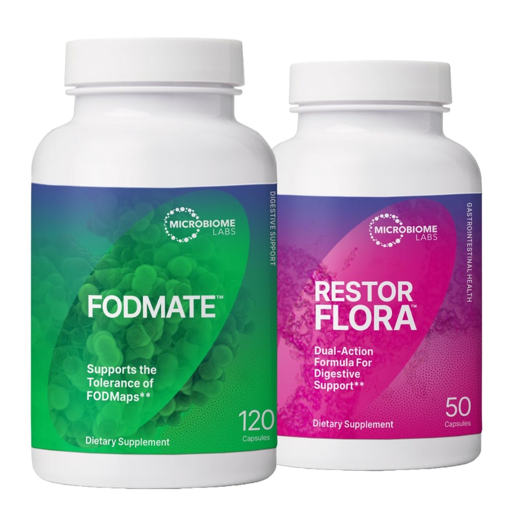 Microbiome Labs RestorFlora probiootikumid, Saccharomyces & Spore-Based probiootikumid (50 kapslit) + FODMATE seedeensüümid, mis aitavad FODMAP-e purustada (120 kapslit) - 2 tootekomplekt