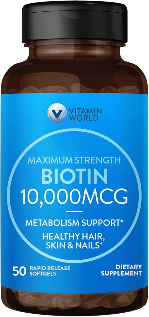 Vitamiin World Ultra Mega Biotin 10 000 mcg. 50 Softgels, vitamiin B, toetab terveid juukseid, nahka ja küüneid, kiiret vabastamist, gluteenivaba