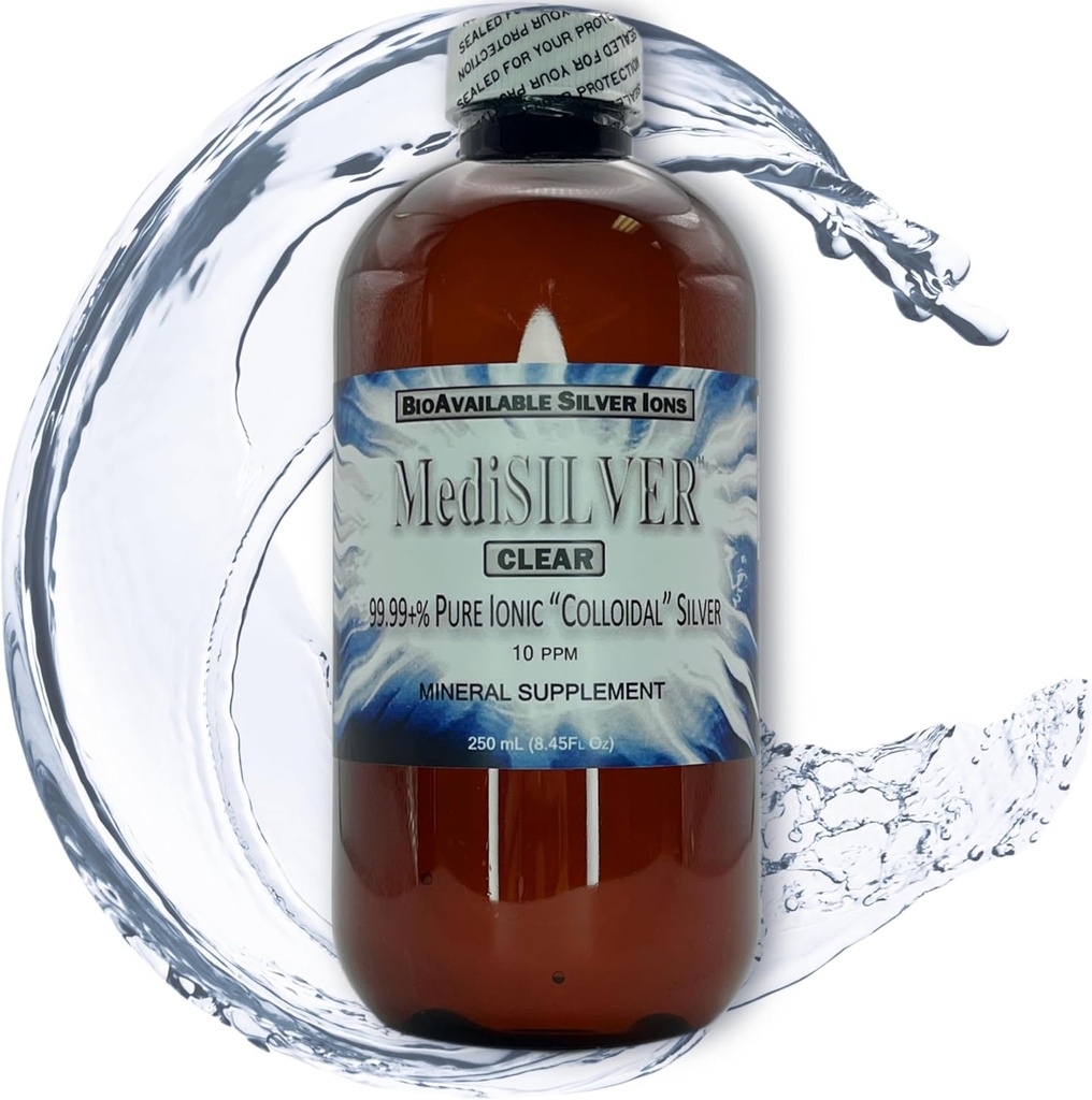 MediSILVER Clear True Free Ionic Colloidal Silver Dietary Supplement - 250 ml (8,45 Fl Oz) BPA-Free Amber Plastic Pudel