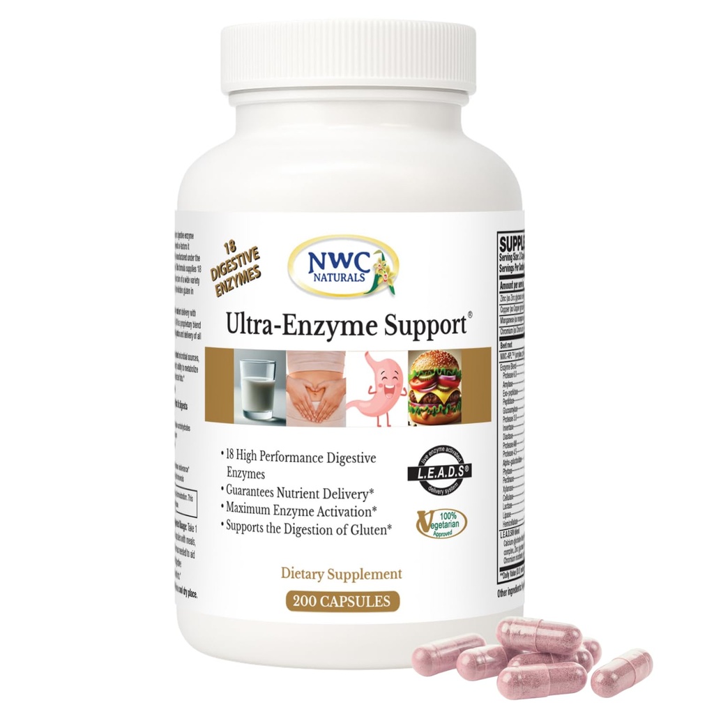 NWC Naturals Ultra-Enzyme Support, Natural Digestive Supplement, edendab optimaalset tervist ja seedimist, 200 loenda kapslit