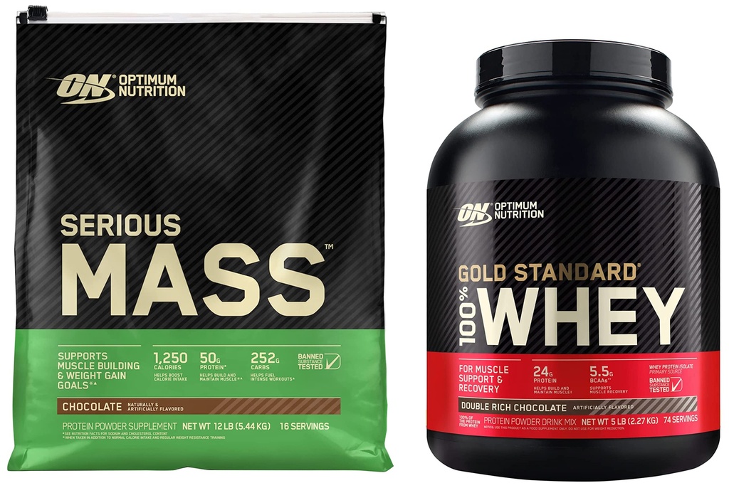 Optimaalne toitumine Tõsine mass Gainer Valgupulber & Gold Standard 100% vadakuvalgu pulber, topelt rikas šokolaad, 5 naela (pakendamine võib varieeruda)