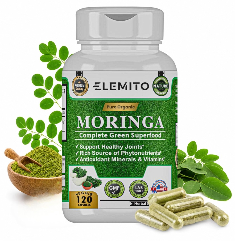 Moringa kapslid, puhta lehe pulber, roheline supertoit, energia, ainevahetus ja immuunsuse tugi, GMO-vaba, vegan, gluteenivaba - 120 kapslit