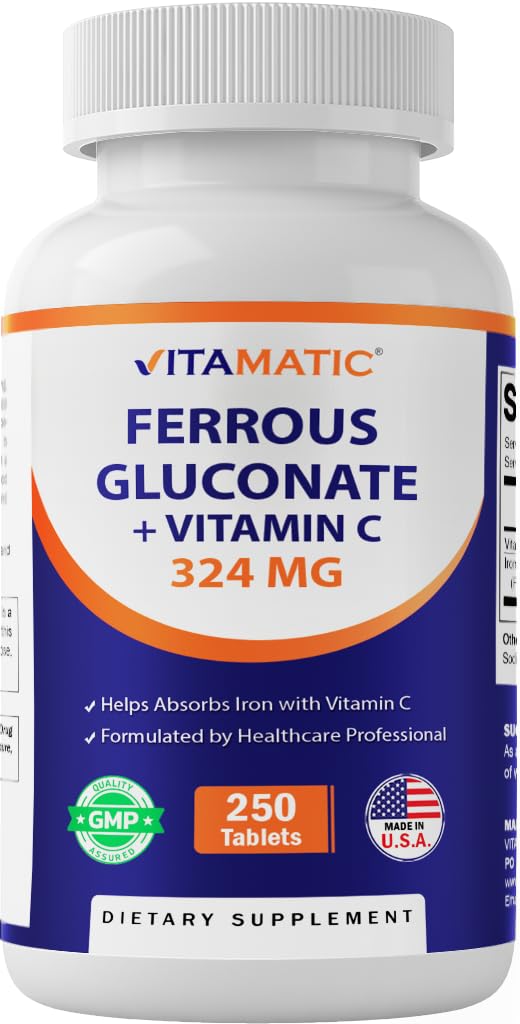 Vitamatic raudglükonaat 324 mg + Vitamiin C 100 mg - ei ole kunstlikke värvilisandeid - õrn kõhul - 250 kaetud tabletti - valmistatud USA-s
