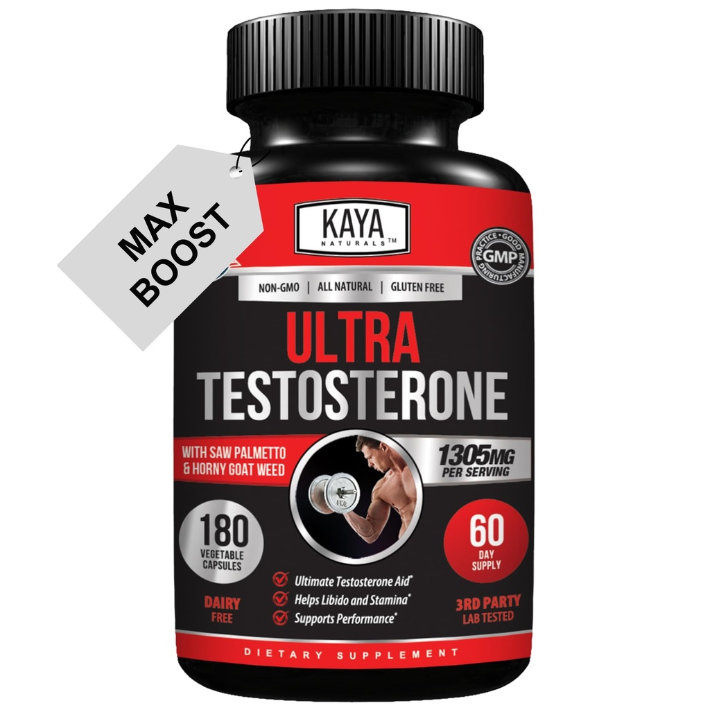 Kaya Naturals UltraTest - Meeste T Booster Tongkat Ali, Horny Goat Weed, Tribulus - Looduslik treening täiendus energia, vastupidavuse ja tugevuse suurendamiseks - 180 Count