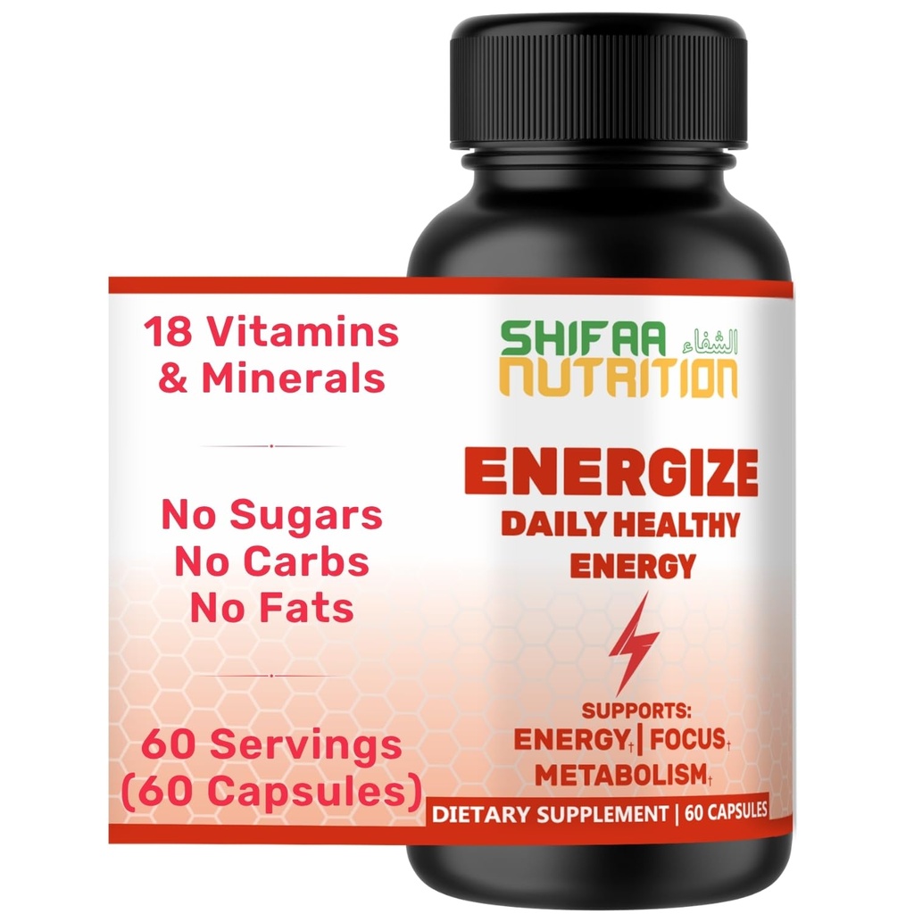 SHIFAA TOITMINE Energiat, looduslikud igapäevased energia vitamiinid | Jitter-free, 60 Servings | Toetab fookust, meeleolu, aju, ainevahetust | w / kofeiin ja tauriin, B1, B2, B5, B6, B7, B9, B12 Halal Vitamiinid