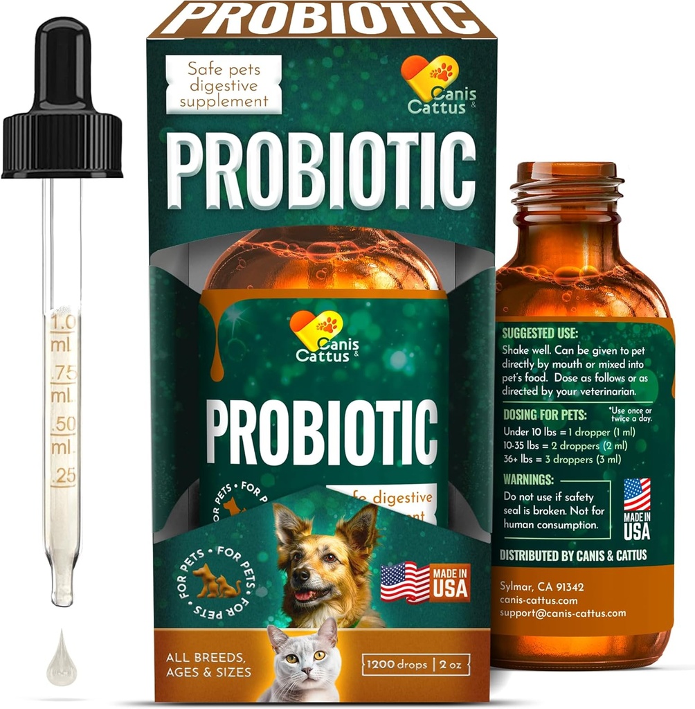 Canis & Cattus probiootikumid kassidele - vedelad kasside probiootikumid seedetrakti ensüümidega gaasi, puhituse, kõhulahtisuse ja kõhukinnisuse jaoks - Easy-Mix tilgad - 2 oz