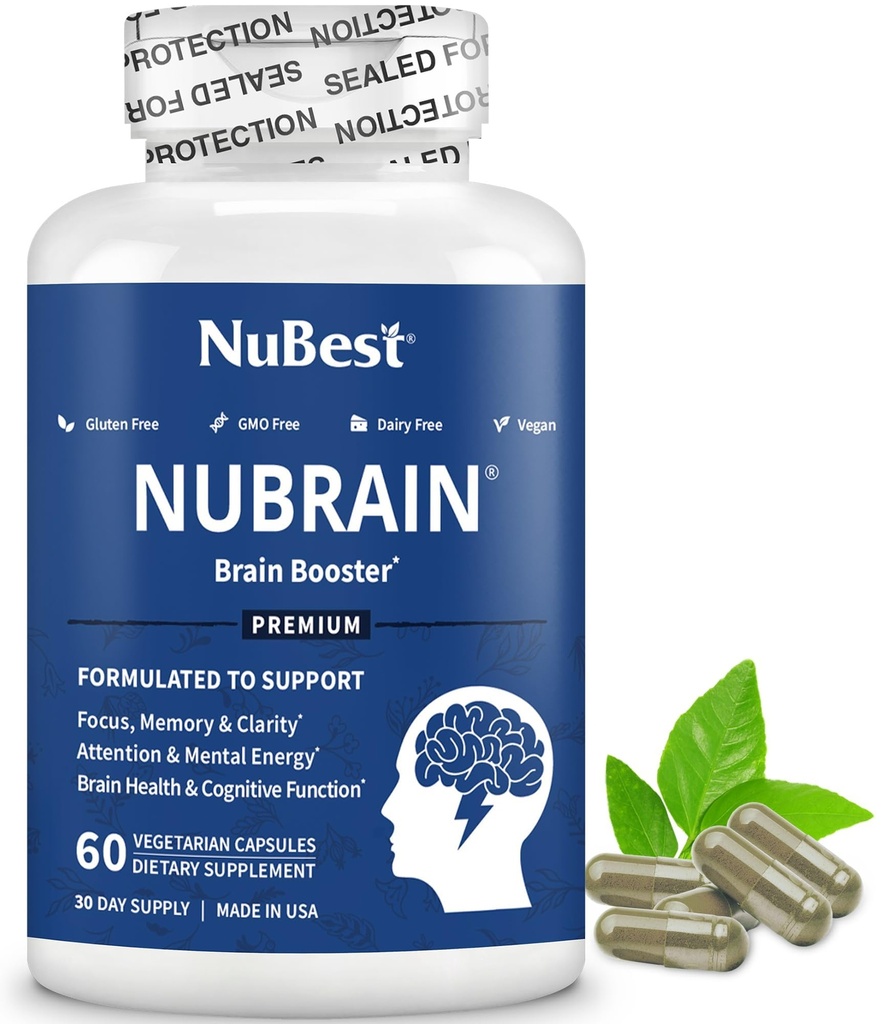 NuBrain Booster - aju täiendus aju võimendajale, mälule, fookusele ja selgusele naistepuna, Ginkgo Biloba, Bacopa & More - 60 Vegan kapslit | 1 kuu pakkumine