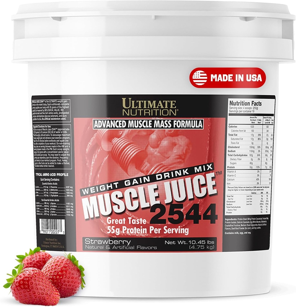Ultimate Nutrition Lihasmahl, Kaalutõusu Joogi Segu - Mass Gainer Treeningu Pulber Meestele Ja Naistele - Lean Lihaste Kasvu Ja Immuunsüsteemi Toetus 55g Valguga - Maasikas, 10.45lb