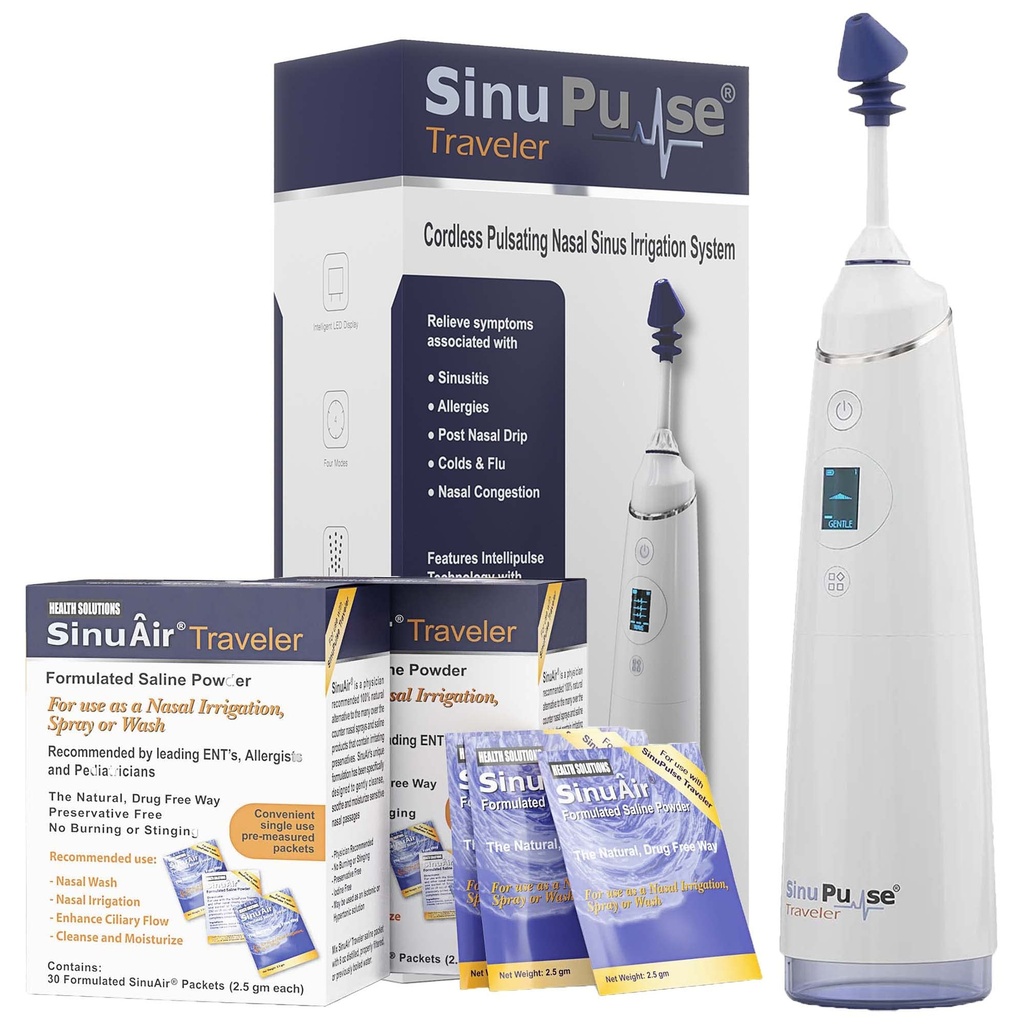 SinuPulse reisija 90 Sinuairi paketiga - juhtmeta pulseeriv nina niisutussüsteem Sinus Rinse süsteem, ruumi säästmise puhasti ja abivahend reisimiseks, tõhusam kui Neti Pot või Nina Spray Bottle