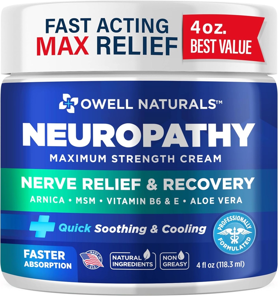 Owell Naturals Neuropaatia Närvi reljeefkreem, maksimaalne tugevus, rasvatu, looduslikud koostisosad Arnica, Aloe Vera, MSM, vitamiin B6 jalgadele, kätele, jalgadele, varvastele Ebamugavus, 4 Fl Oz (pakk 1)