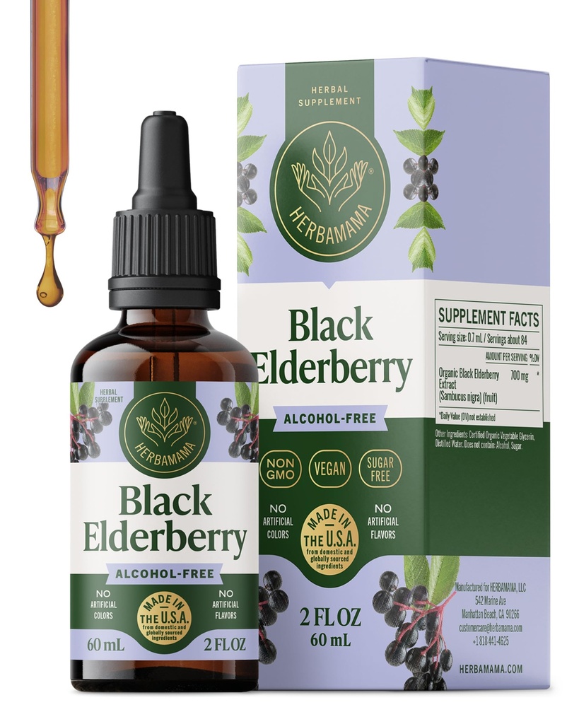 HERBAMAMA Black Elderberry tilgad - Vegan Elderberry Liquid Extract immuunsuse toetamiseks - mitte-GMO, alkohol ja suhkruvaba immuunsuse täiendus, 21-päevane pakkumine