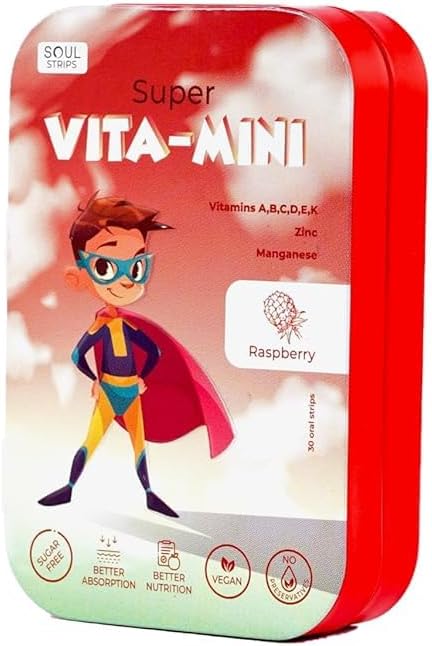 Soul Strips Super Vita-Mini - olulised vitamiinid A, B, C, D, E, K ja mineraalid laste kasvuks ja terviseks, Vaarika maitse, null suhkur, 100% vegan, 30 Strips Pack