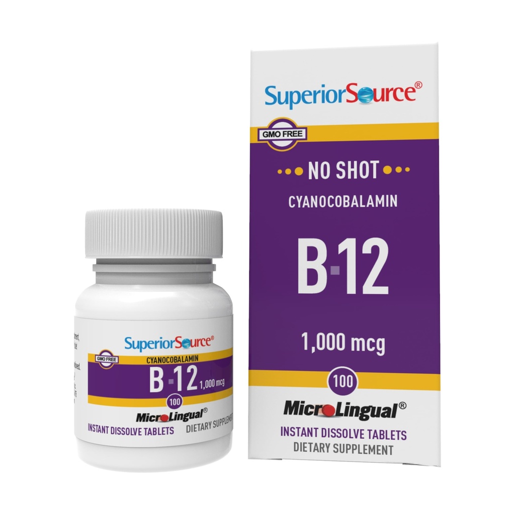 Superior Allikas No Shot Vitamiin B-12 Tsüanokobalamiin 1000 mcg - Vitamiin B-12, et toetada energia tootmist, aju tervist ja üldist heaolu - Sublingvaalsed tabletid - 100 lahustuvat tabletti