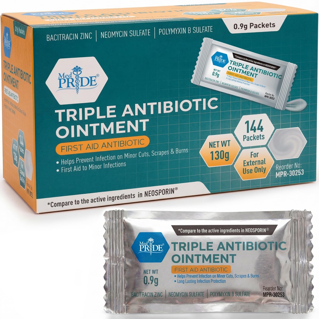 MED PRIDE kolmekordne antibiootikumide salvi pakendid maht 144 X 0, 9 g, individuaalsed antibiootikumide salvi pakendid põletuste, lõikamiste, haavahoolduse jaoks