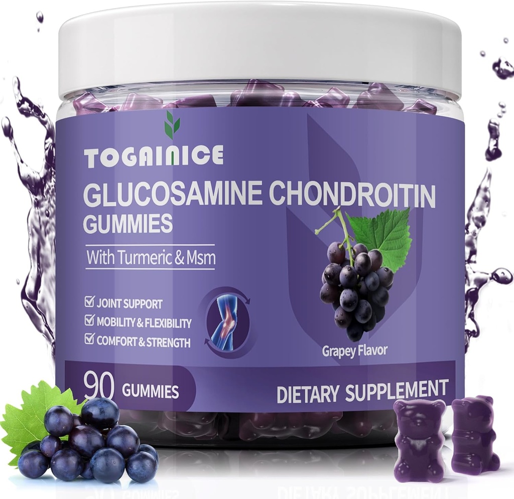 Glükoosamiin Chondroitin Gummies Sugar Free, ekstra tugevus 1500mg Glükoosamiin MSM & Kurkum,Joint Support Gummies Supplements for Men & Women, for Joint Paindlikkus & Luude Tervis, 90 Count V01