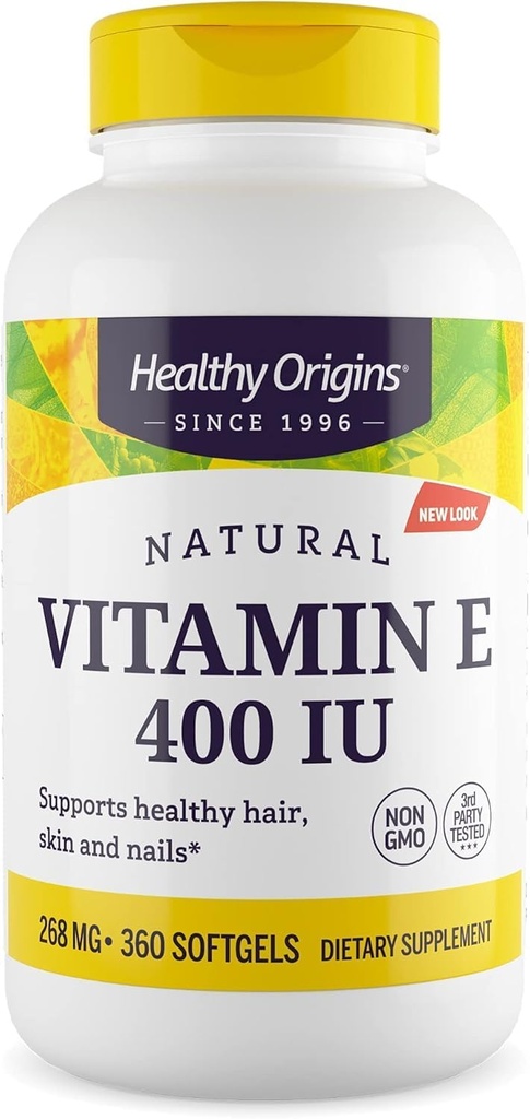Tervislik päritolu Vitamiin E 400 RÜ (looduslik, mitte-GMO, gluteenivaba, naha tugi, südame-veresoonkonna tugi), 360 Softgels
