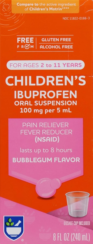 Rite Aid Laste Ibuprofeen, vanuses 2-11, Bubble Gum - 8 oz | Lapsed Valu leevendaja ja palaviku vähendaja | lastele vanuses 2 kuni 11 aastat | Ibuprofeen Suukaudne suspensioon 100 mg/5 ml | Alkoholivaba ja gluteenivaba
