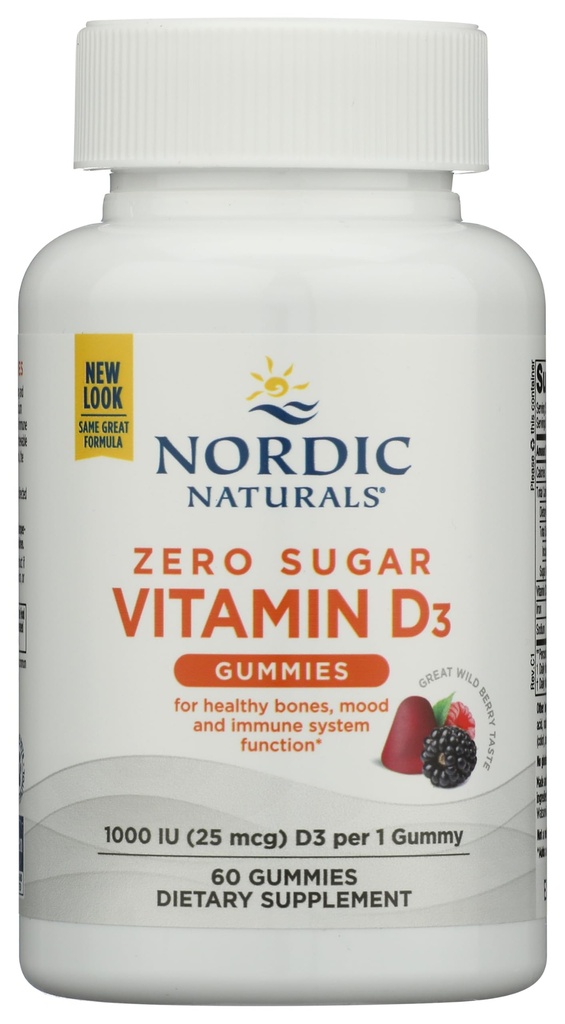 Põhjamaised Naturals Zero Sugar D3 Vitamiin Gummies, Wild Berry - 60 Gummies - 1000 IU D3-vitamiin - suurepärane maitse - tervislikud kondid, meeleolu ja immuunsüsteemi funktsioon - Non-GMO - 60 Servings