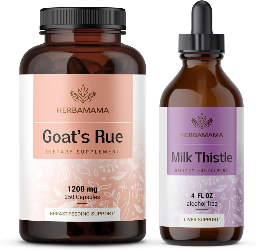 HERBAMAMA Kitse rue ja piimaohaka komplekt - 1200 mg kitse ruekapslid ja piimaohaka maks Detox tilgad 4 fl oz - Vegan, mitte-GMO, suhkur ja alkoholivaba - 2 Pack