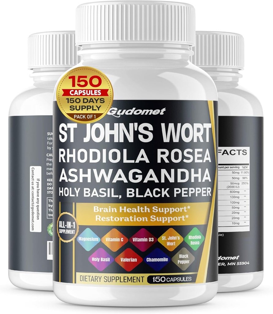Naistepuna Rhodiola Rosea Ashwagandha Püha basiilik Valerian Chamomile Black Pepper - 150 kapslit - valmistatud USA-s