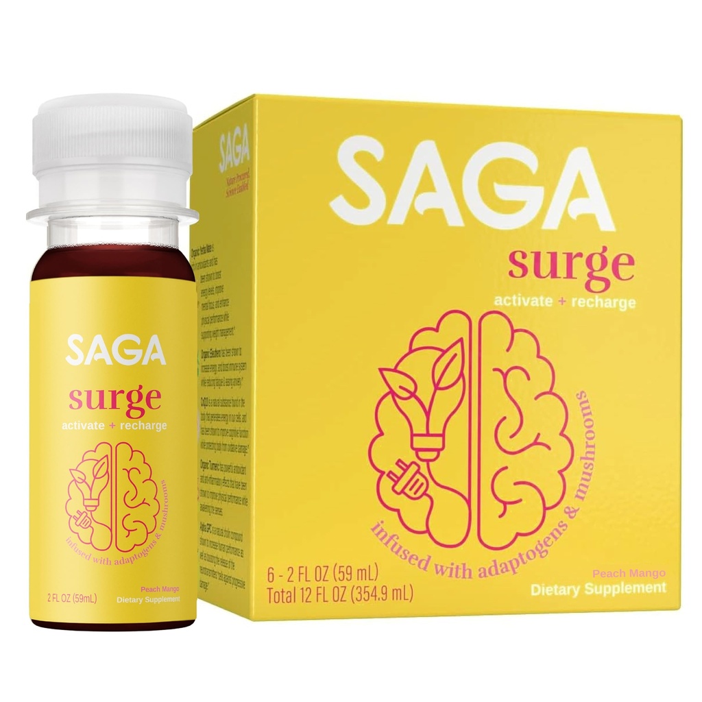 SAGA SURGE Organic Energy Shots | Performance Drink | Yerba Mate & Alpha GPC Supplement with CoQ10, Turmeric & Seened | Pre Treening Boost Drink for Focus, Endurance & Performance | 2oz Peach Mango