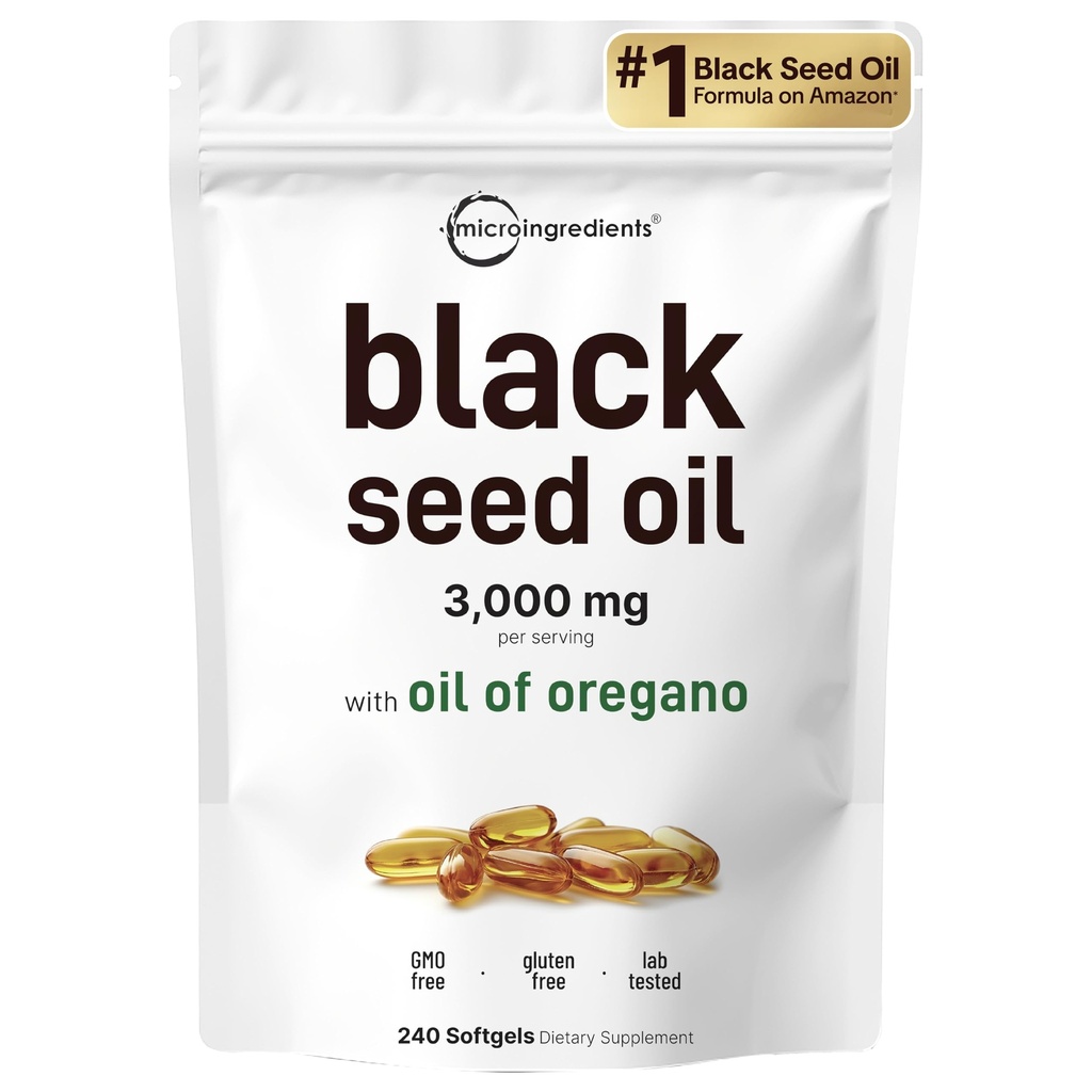 Mikrokoostisosad Black Seed Oil Softgels, 3000mg, 240 Count | 2-in-1 valem õli Oregano, karvakrool ja tümokinoon | Taimne, mitte-GMO
